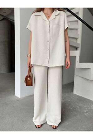 Keten Kısa Kollu Cepli Gömlek Pantolon Ikili Takım - Beyaz