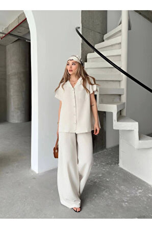 Keten Kısa Kollu Cepli Gömlek Pantolon Ikili Takım - Beyaz