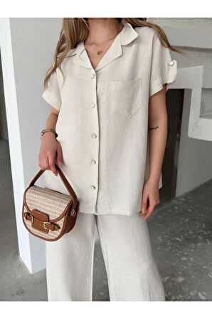 Keten Kısa Kollu Cepli Gömlek Pantolon Ikili Takım - Beyaz