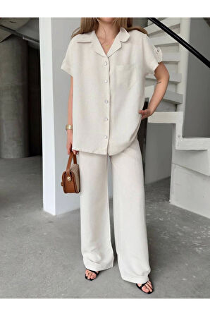 Keten Kısa Kollu Cepli Gömlek Pantolon Ikili Takım - Beyaz