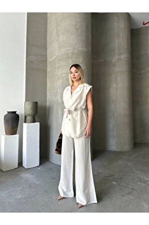 Keten Sıfır Kol Kuşaklı Ceket Pantolon Ikili Takım - Beyaz