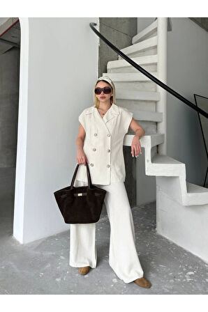 Keten Sıfır Kol Blezer Ceket Pantolon Ikili Takım- Beyaz