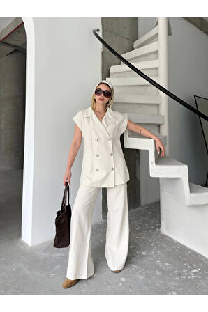 Keten Sıfır Kol Blezer Ceket Pantolon Ikili Takım- Beyaz