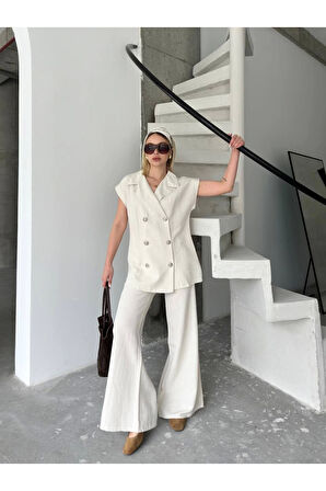 Keten Sıfır Kol Blezer Ceket Pantolon Ikili Takım- Beyaz