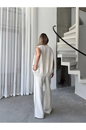 Keten Tam Fermuarlı Kolsuz Ceket Pantolon Ikili Takım- Beyaz