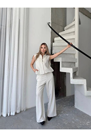 Keten Tam Fermuarlı Kolsuz Ceket Pantolon Ikili Takım- Beyaz