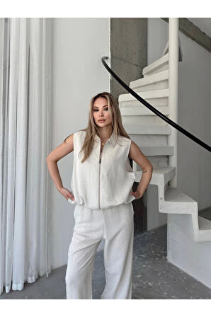 Keten Tam Fermuarlı Kolsuz Ceket Pantolon Ikili Takım- Beyaz