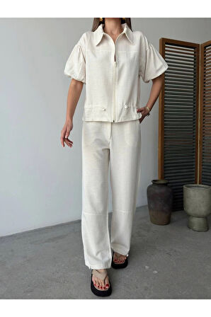 Keten Tam Fermuarlı Kısa Kollu Gömlek Pantolon Ikili Takım - Beyaz
