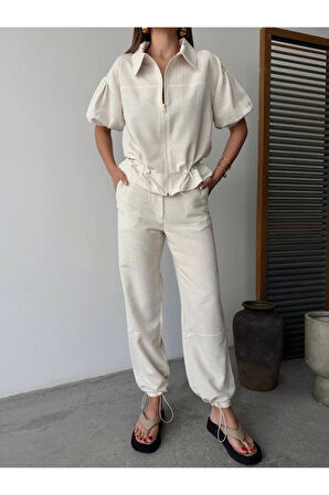 Keten Tam Fermuarlı Kısa Kollu Gömlek Pantolon Ikili Takım - Beyaz