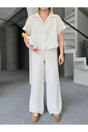Keten Kısa Kollu Gömlek Pantolon Ikili Takım - Beyaz
