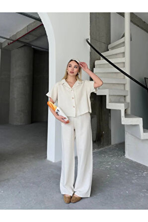 Keten Kısa Kollu Gömlek Pantolon Ikili Takım - Beyaz