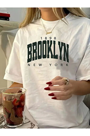 Baskılı Oversize Bisiklet Yaka T-shirt - Beyaz