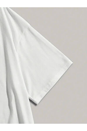 Baskılı Oversize Bisiklet Yaka T-shirt - Beyaz