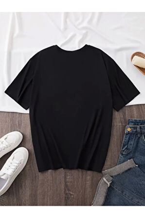 Baskılı Oversize Bisiklet Yaka T-shirt - Siyah