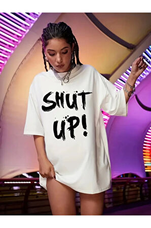 Baskılı Oversize Bisiklet Yaka T-shirt - Beyaz