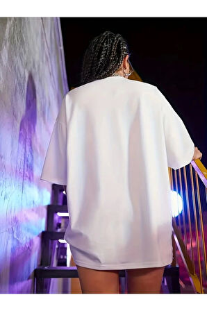 Baskılı Oversize Bisiklet Yaka T-shirt - Beyaz