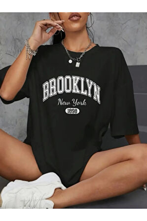 Baskılı Oversize Bisiklet Yaka T-shirt - Siyah