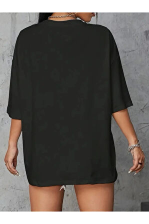 Baskılı Oversize Bisiklet Yaka T-shirt - Siyah