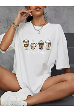Baskılı Oversize Bisiklet Yaka T-shirt - Beyaz