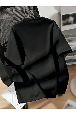 Baskılı Oversize Bisiklet Yaka T-shirt - Siyah