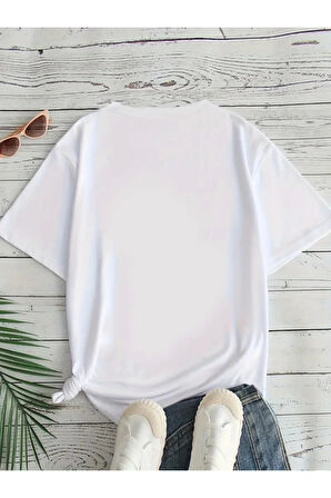 Baskılı Oversize Bisiklet Yaka T-shirt - Beyaz