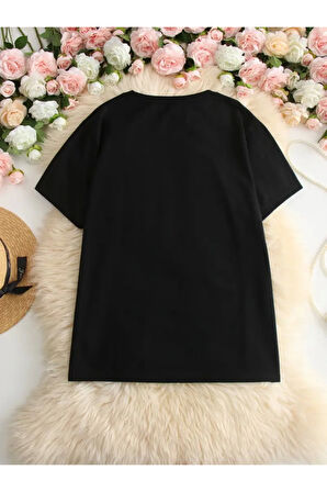 Baskılı Oversize Bisiklet Yaka T-shirt - Siyah