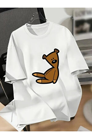 Baskılı Oversize Bisiklet Yaka T-shirt - Beyaz