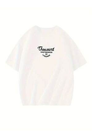 Thousand Baskılı Oversize Bisiklet Yaka T-shirt - Beyaz