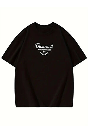 Thousand Baskılı Oversize Bisiklet Yaka T-shirt - Siyah
