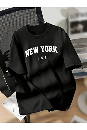 New York Baskılı Oversize Bisiklet Yaka T-shirt - Siyah