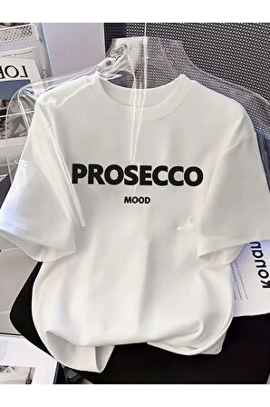 Baskılı Oversize Bisiklet Yaka T-shirt - Beyaz