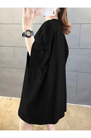 Baskılı Oversize Bisiklet Yaka T-shirt - Siyah