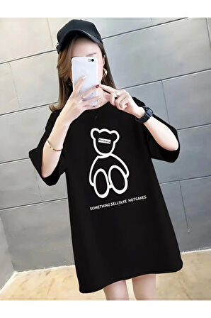 Baskılı Oversize Bisiklet Yaka T-shirt - Siyah