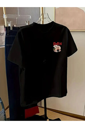Baskılı Oversize Bisiklet Yaka T-shirt - Siyah