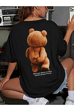 Baskılı Oversize Bisiklet Yaka T-shirt - Siyah