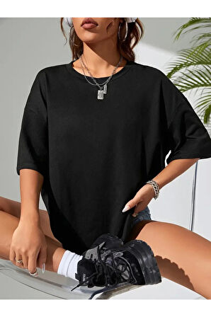 Baskılı Oversize Bisiklet Yaka T-shirt - Siyah