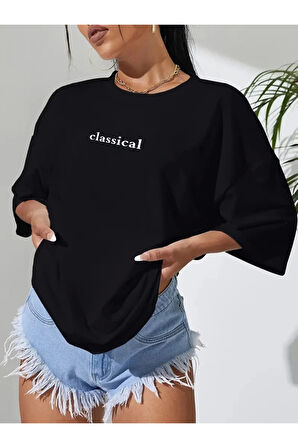 Baskılı Oversize Bisiklet Yaka T-shirt - Siyah