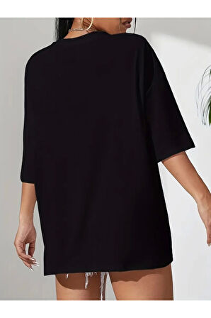 Baskılı Oversize Bisiklet Yaka T-shirt - Siyah