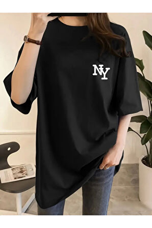 Baskılı Oversize Bisiklet Yaka T-shirt - Siyah