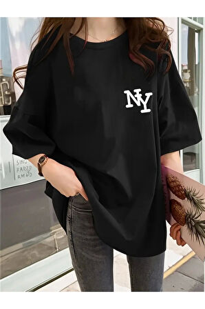 Baskılı Oversize Bisiklet Yaka T-shirt - Siyah