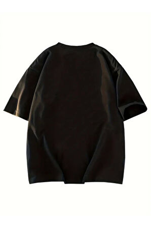 Baskılı Oversize Bisiklet Yaka T-shirt - Siyah