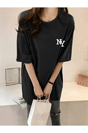 Baskılı Oversize Bisiklet Yaka T-shirt - Siyah