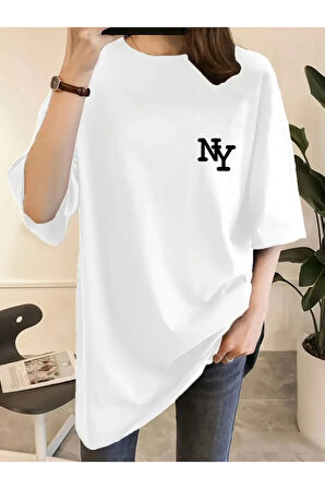 Baskılı Oversize Bisiklet Yaka T-shirt - Beyaz
