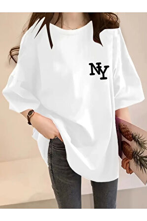 Baskılı Oversize Bisiklet Yaka T-shirt - Beyaz