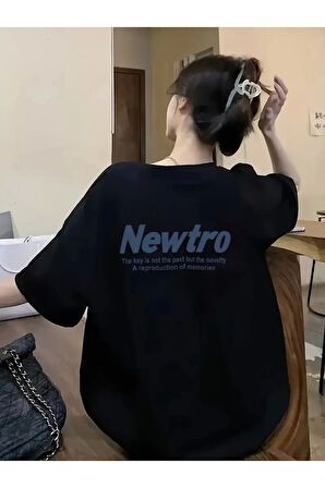 Baskılı Oversize Bisiklet Yaka T-shirt - Siyah