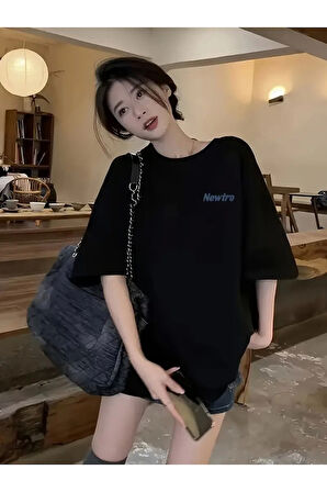 Baskılı Oversize Bisiklet Yaka T-shirt - Siyah