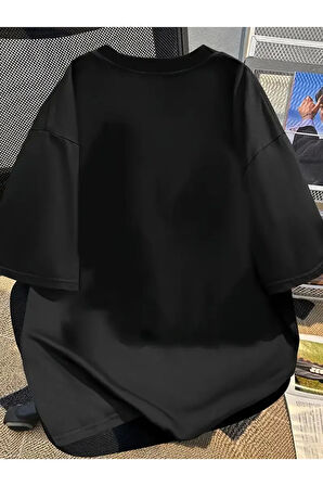 Baskılı Oversize Bisiklet Yaka T-shirt - Siyah