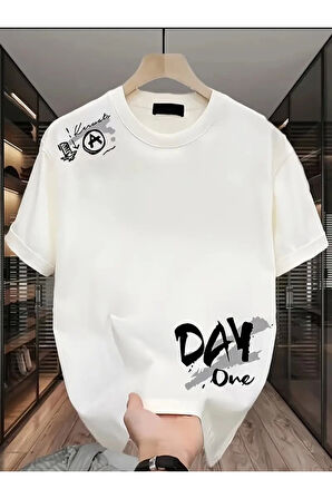 Baskılı Oversize Bisiklet Yaka T-shirt - Beyaz