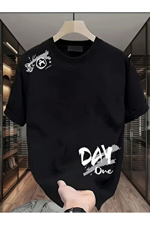 Baskılı Oversize Bisiklet Yaka T-shirt - Siyah