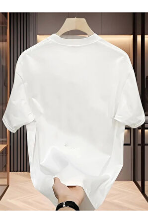 Baskılı Oversize Bisiklet Yaka T-shirt - Beyaz